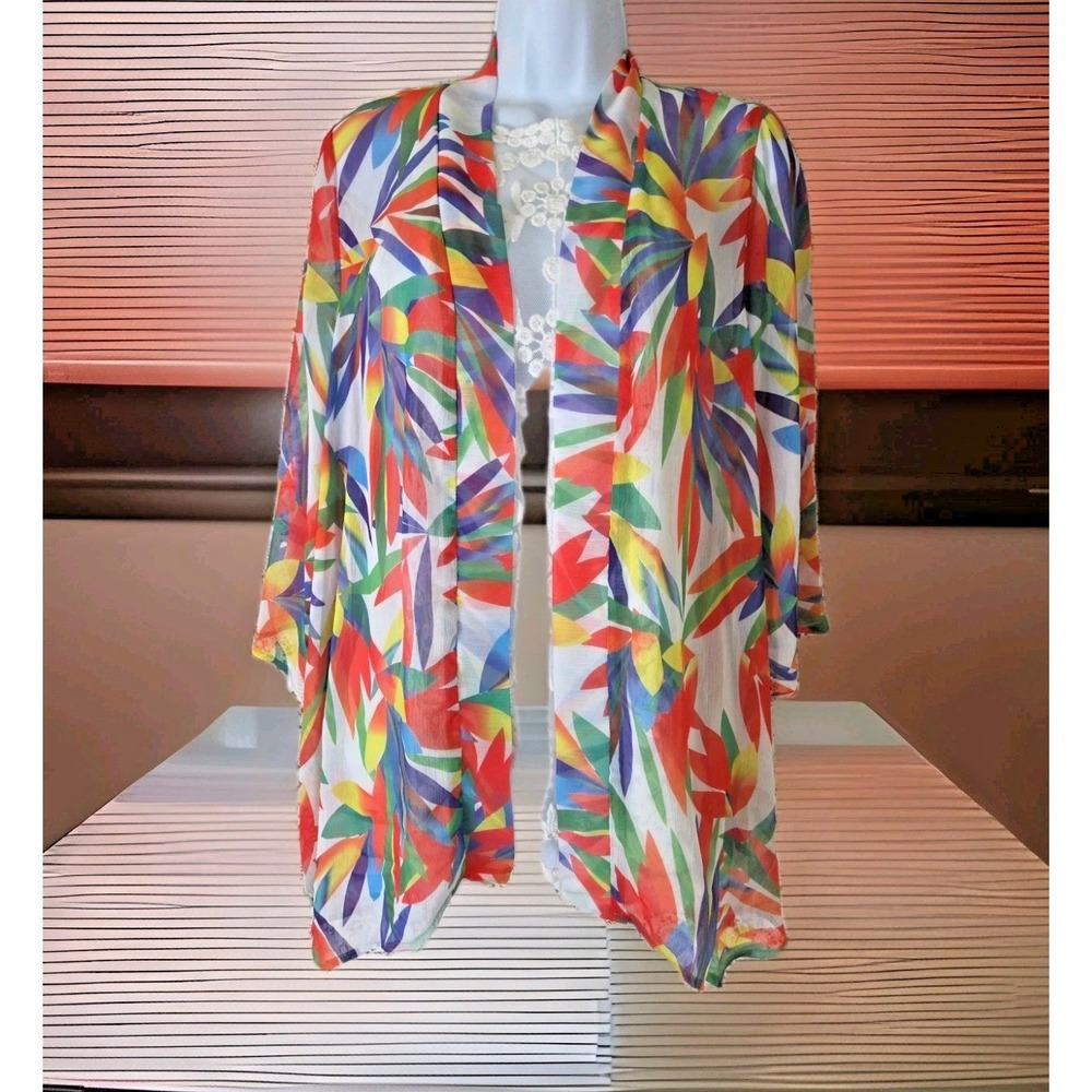 Slinky Brand Sheer Cardigan M Multicolor Tropical Floral Beachy Travel Kimono